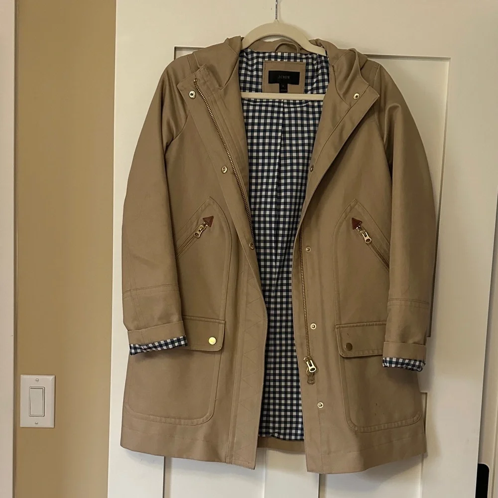 J. Crew Tan Hooded Coat with Checkered Lining - Picture 1 of 4